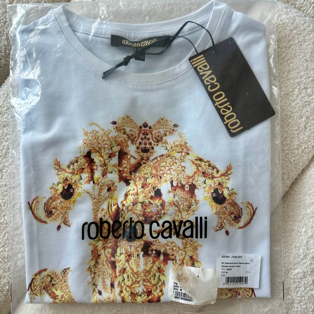 NWT Roberto Cavalli White and Gold Women T-Shirt Size Medium